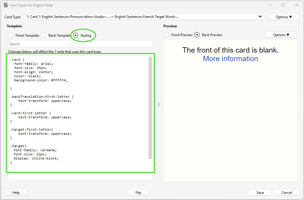 Screenshot of the window shown after clicking Anki's 'Cards...' button. Here, we're selecting the 'Styling' setting and then adding some CSS to the textbox to tell Anki how to format the front and back of our cards.